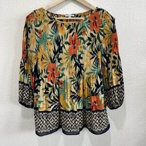 Floral & Ivy Womens Multicolor Tropical Pleated Blouse Top Medium Boho